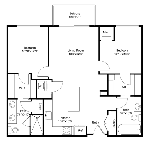 Floor plan for 2 beds, 2 baths, 1018 sqft